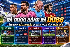Cá cược bóng đá DU88 với các loại kèo châu Á, châu Âu, Tài Xỉu, phạt góc và thông tin phân tích trận đấu.