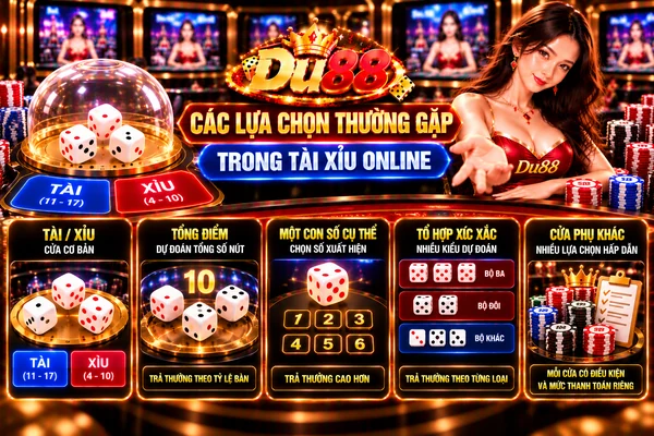 Các lựa chọn thường gặp trong Tài Xỉu online tại DU88 gồm Tài Xỉu, tổng điểm, số cụ thể, tổ hợp xúc xắc và cửa phụ