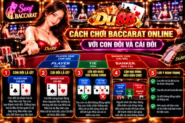 Cách Chơi Baccarat Online Với Con Đôi Và Cái Đôi – DU88 Cách chơi Baccarat online với Con đôi và Cái đôi tại DU88, hướng dẫn phân biệt cửa đôi của Tay con và Nhà cái