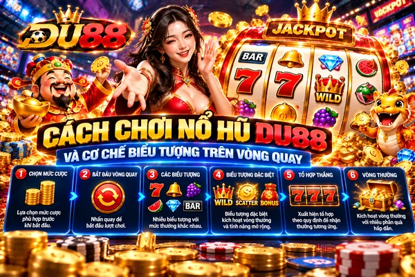 Cách chơi nổ hũ DU88 và cơ chế biểu tượng trên vòng quay với Wild, Scatter, Bonus và tổ hợp biểu tượng