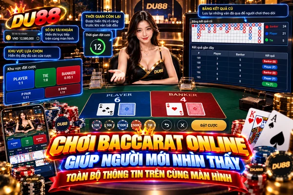Chơi Baccarat Online Giúp Người Mới Nhìn Thấy Toàn Bộ Thông Tin Trên Cùng Màn Hình – DU88 Chơi Baccarat online DU88 giúp người mới theo dõi khu vực lựa chọn, thời gian, điểm số và lịch sử kết quả trên cùng màn hình