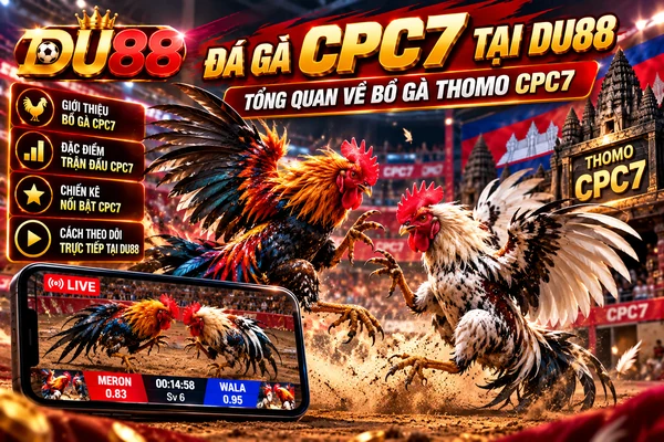 Đá gà CPC7 tại DU88 với hình ảnh hai chiến kê, bồ gà Thomo CPC7 và giao diện theo dõi trận đấu trực tuyến.