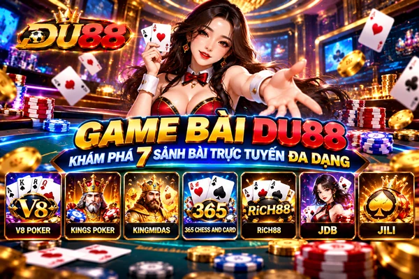 Game bài DU88 với 7 sảnh bài trực tuyến gồm V8 Poker, Kings Poker, KingMidas, 365 Chess and Card, RiCH88, JDB và JILI