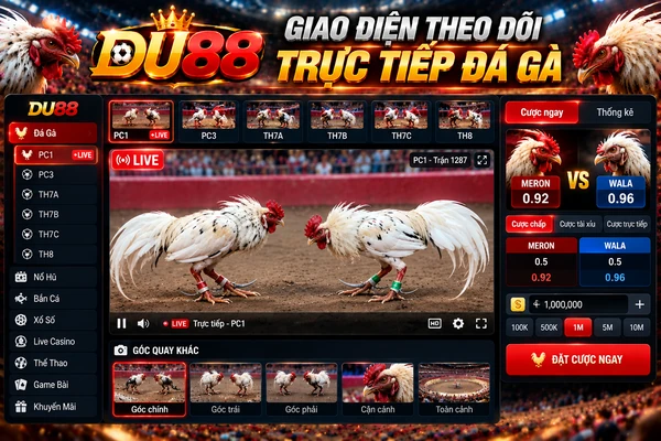 Giao diện theo dõi trực tiếp đá gà DU88 với hai chiến kê trắng, video trận đấu, các sảnh PC1, PC3, TH7A, TH7B, TH7C và bảng thông tin.