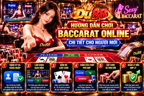 Hướng dẫn chơi Baccarat Online chi tiết cho người mới tại DU88 với các bước làm quen giao diện, luật chơi và cửa cược