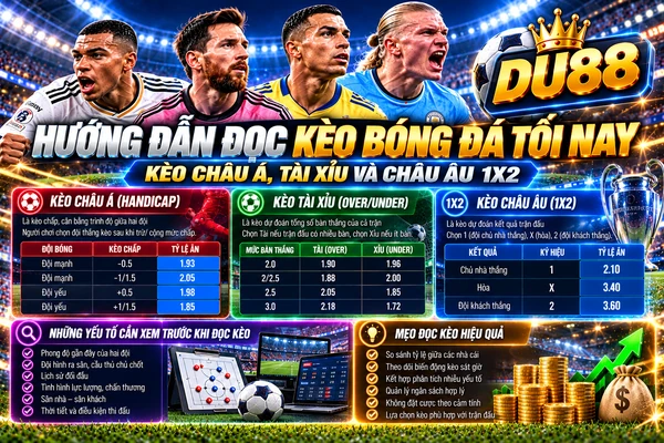 Hướng dẫn đọc kèo bóng đá tối nay tại DU88 với bảng tỷ lệ kèo châu Á, Tài Xỉu và châu Âu 1X2 cùng các yếu tố phân tích trước trận.