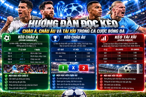 Hướng dẫn đọc kèo châu Á, châu Âu và Tài Xỉu trong cá cược bóng đá với bảng tỷ lệ, mức kèo chấp và cách phân tích trận đấu.
