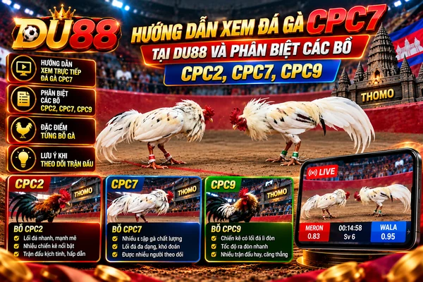 Hướng dẫn xem đá gà CPC7 tại DU88 và phân biệt các bồ gà Thomo CPC2, CPC7, CPC9 qua hình ảnh chiến kê và giao diện trực tiếp.