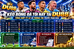 Kèo bóng đá tối nay tại DU88 với bảng tỷ lệ kèo châu Á, Tài Xỉu, 1X2, lịch thi đấu và thông tin phân tích trước trận.