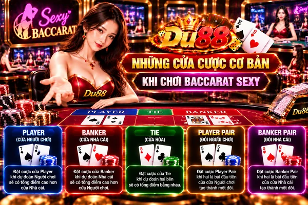 Những Cửa Cược Cơ Bản Khi Chơi Baccarat Sexy – DU88 Những cửa cược cơ bản khi chơi Baccarat Sexy tại DU88 gồm Player, Banker, Tie, Player Pair và Banker Pair