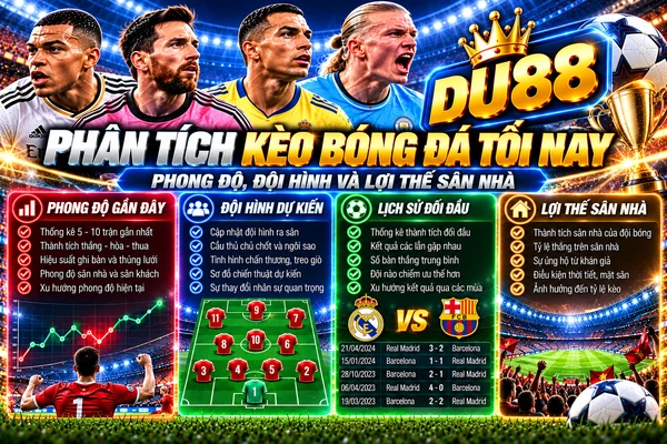 Phân tích kèo bóng đá tối nay tại DU88 với phong độ gần đây, đội hình dự kiến, lịch sử đối đầu và lợi thế sân nhà.