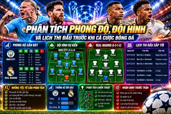 Phân tích phong độ, đội hình và lịch thi đấu trước khi cá cược bóng đá với bảng thống kê, sơ đồ chiến thuật và thông tin hai đội.