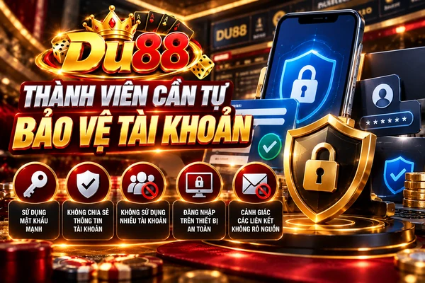 Thành viên cần tự bảo vệ tài khoản DU88 bằng mật khẩu mạnh và bảo mật thông tin đăng nhập Thành viên cần tự bảo vệ tài khoản DU88 bằng mật khẩu mạnh và bảo mật thông tin đăng nhập