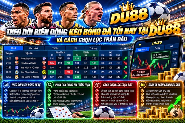 Theo dõi biến động kèo bóng đá tối nay tại DU88 với bảng tỷ lệ châu Á, Tài Xỉu, 1X2 và cách chọn lọc trận đấu.