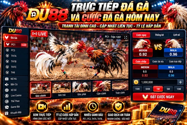 Giao diện trực tiếp đá gà và cược đá gà hôm nay tại DU88 với video trận đấu, các sảnh PC1, PC3, TH7A, TH7B, TH7C và bảng tỷ lệ Meron Wala.