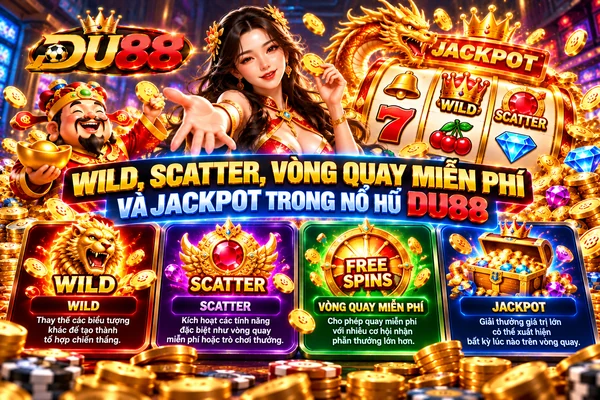 Wild, Scatter, vòng quay miễn phí và Jackpot trong nổ hũ DU88 với các biểu tượng tính năng đặc biệt